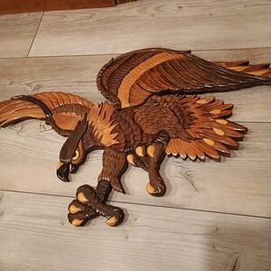 35" Vintage Handmade Intarsia Wood Mosaic 3D Flying Wall Art Eagle Large Talons